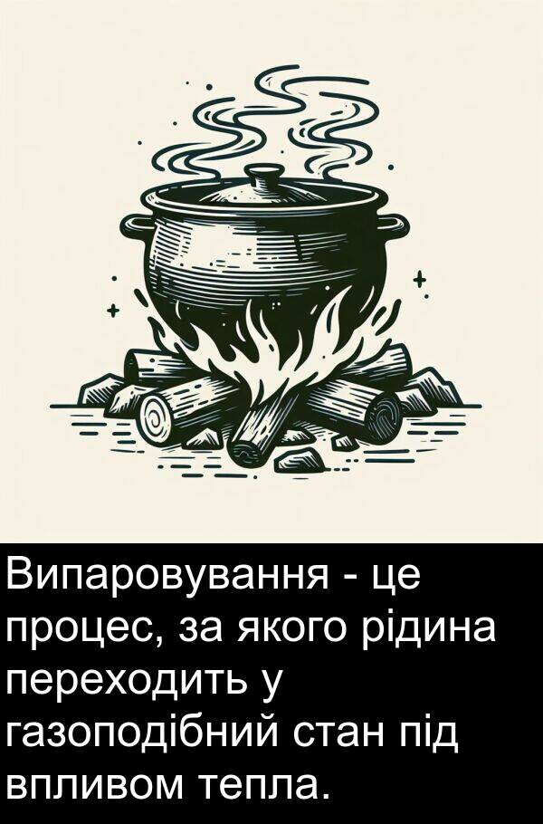 газоподібний: Випаровування - це процес, за якого рідина переходить у газоподібний стан під впливом тепла.