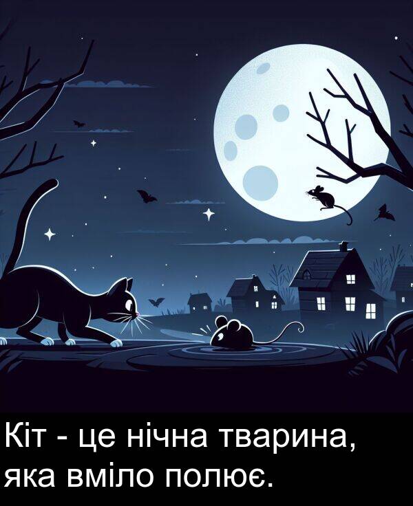 нічна: Кіт - це нічна тварина, яка вміло полює.