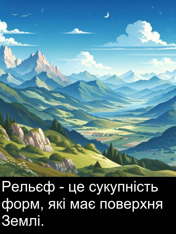 форм: Рельєф - це сукупність форм, які має поверхня Землі.