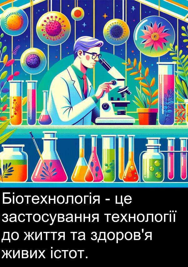 технології: Біотехнологія - це застосування технології до життя та здоров'я живих істот.