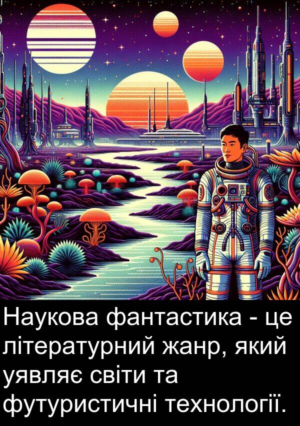 уявляє: Наукова фантастика - це літературний жанр, який уявляє світи та футуристичні технології.