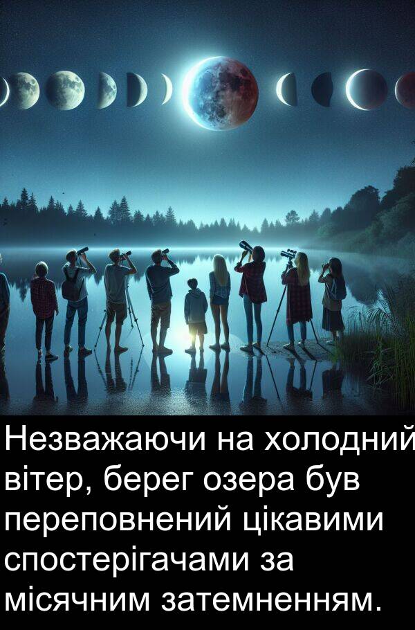 вітер: Незважаючи на холодний вітер, берег озера був переповнений цікавими спостерігачами за місячним затемненням.