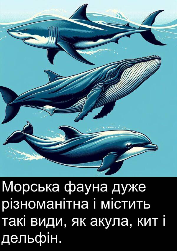 містить: Морська фауна дуже різноманітна і містить такі види, як акула, кит і дельфін.