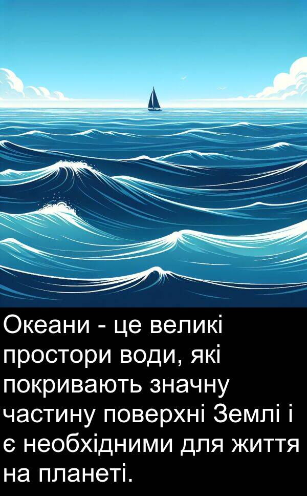 великі: Океани - це великі простори води, які покривають значну частину поверхні Землі і є необхідними для життя на планеті.