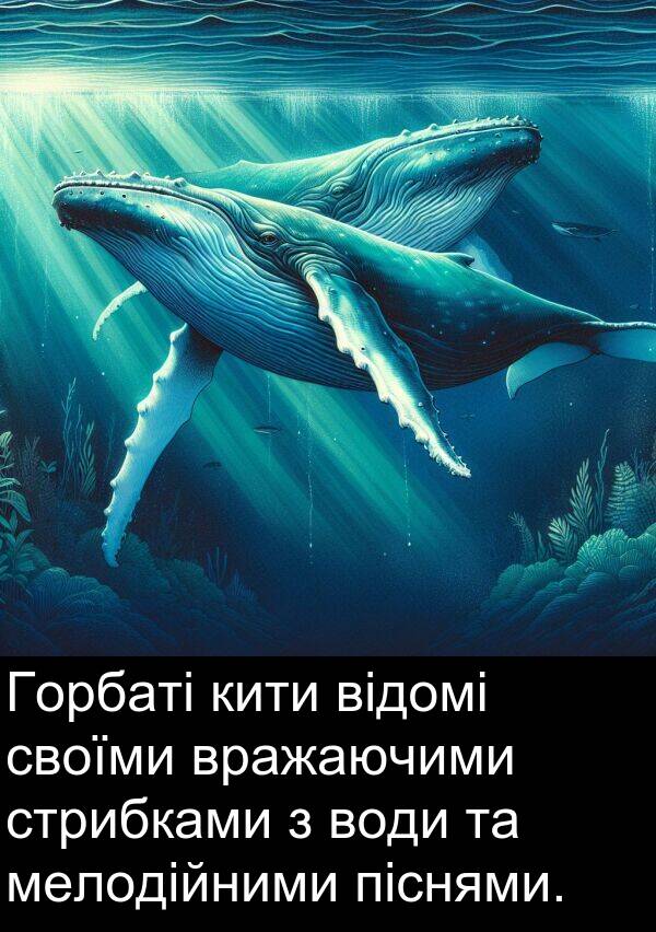 піснями: Горбаті кити відомі своїми вражаючими стрибками з води та мелодійними піснями.