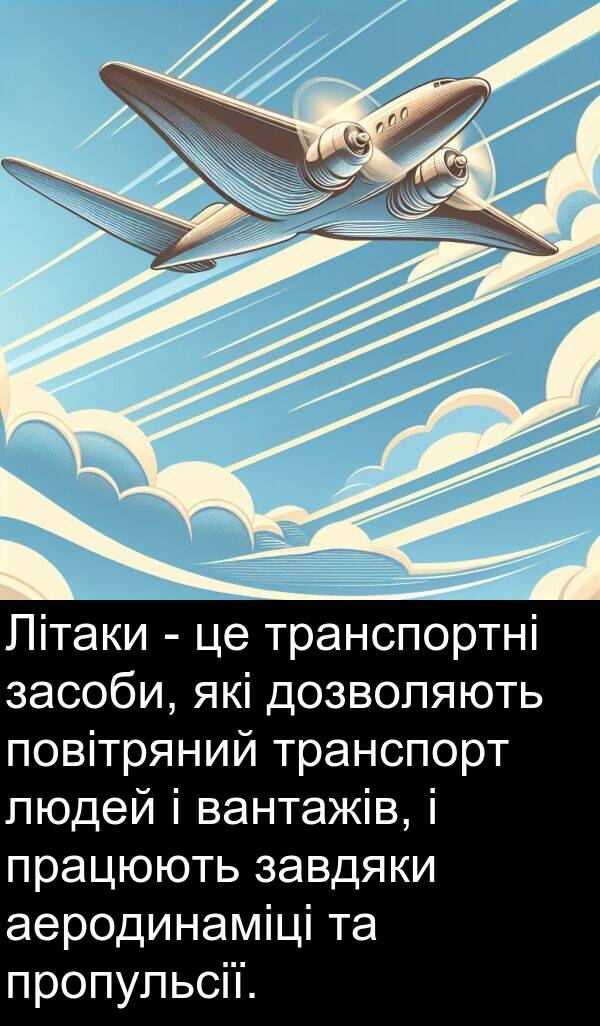 завдяки: Літаки - це транспортні засоби, які дозволяють повітряний транспорт людей і вантажів, і працюють завдяки аеродинаміці та пропульсії.