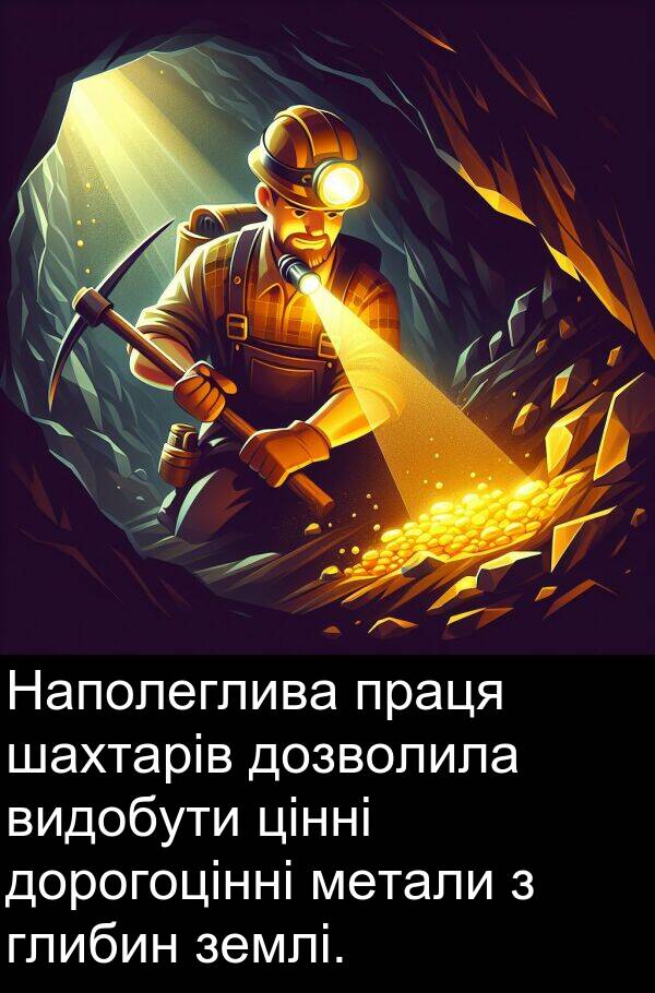 глибин: Наполеглива праця шахтарів дозволила видобути цінні дорогоцінні метали з глибин землі.