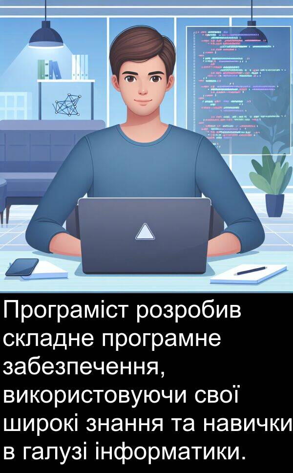 інформатики: Програміст розробив складне програмне забезпечення, використовуючи свої широкі знання та навички в галузі інформатики.