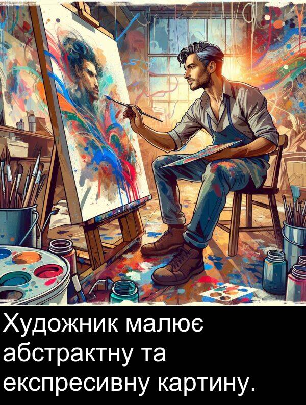 абстрактну: Художник малює абстрактну та експресивну картину.