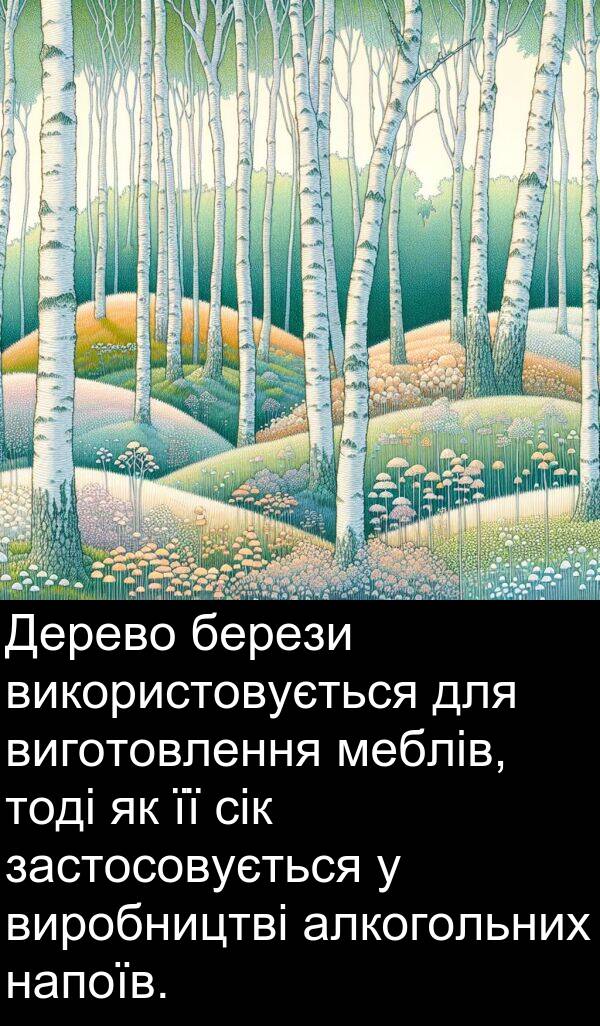 сік: Дерево берези використовується для виготовлення меблів, тоді як її сік застосовується у виробництві алкогольних напоїв.