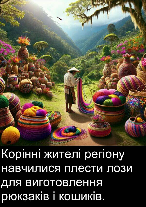 навчилися: Корінні жителі регіону навчилися плести лози для виготовлення рюкзаків і кошиків.