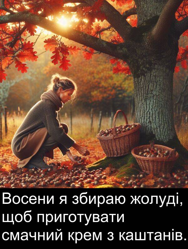 каштанів: Восени я збираю жолуді, щоб приготувати смачний крем з каштанів.