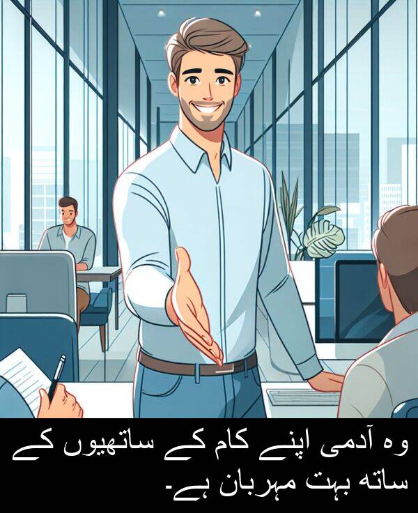 مہربان: وہ آدمی اپنے کام کے ساتھیوں کے ساتھ بہت مہربان ہے۔