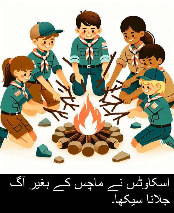 بغیر: اسکاوٹس نے ماچس کے بغیر آگ جلانا سیکھا۔