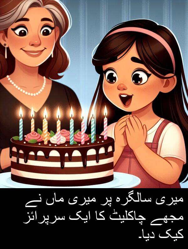 چاکلیٹ: میری سالگرہ پر میری ماں نے مجھے چاکلیٹ کا ایک سرپرائز کیک دیا۔