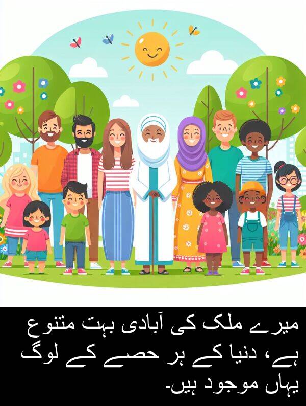 موجود: میرے ملک کی آبادی بہت متنوع ہے، دنیا کے ہر حصے کے لوگ یہاں موجود ہیں۔