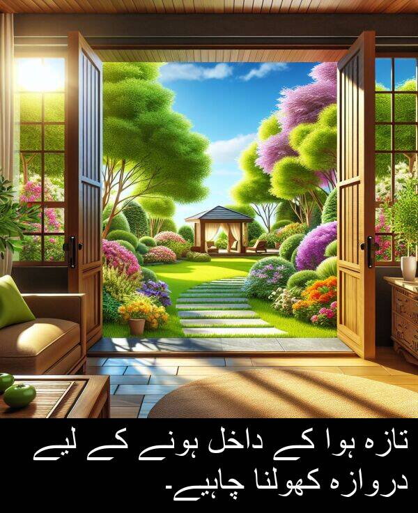 کھولنا: تازہ ہوا کے داخل ہونے کے لیے دروازہ کھولنا چاہیے۔