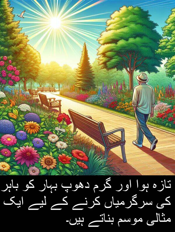 مثالی: تازہ ہوا اور گرم دھوپ بہار کو باہر کی سرگرمیاں کرنے کے لیے ایک مثالی موسم بناتے ہیں۔