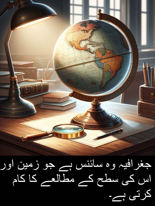 مطالعے: جغرافیہ وہ سائنس ہے جو زمین اور اس کی سطح کے مطالعے کا کام کرتی ہے۔