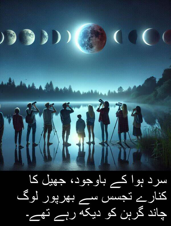 باوجود،: سرد ہوا کے باوجود، جھیل کا کنارے تجسس سے بھرپور لوگ چاند گرہن کو دیکھ رہے تھے۔