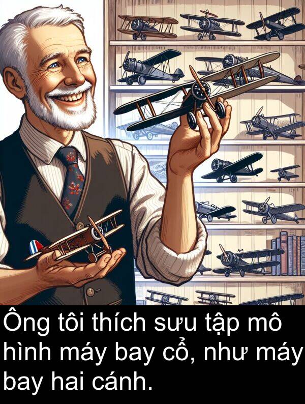 sưu: Ông tôi thích sưu tập mô hình máy bay cổ, như máy bay hai cánh.