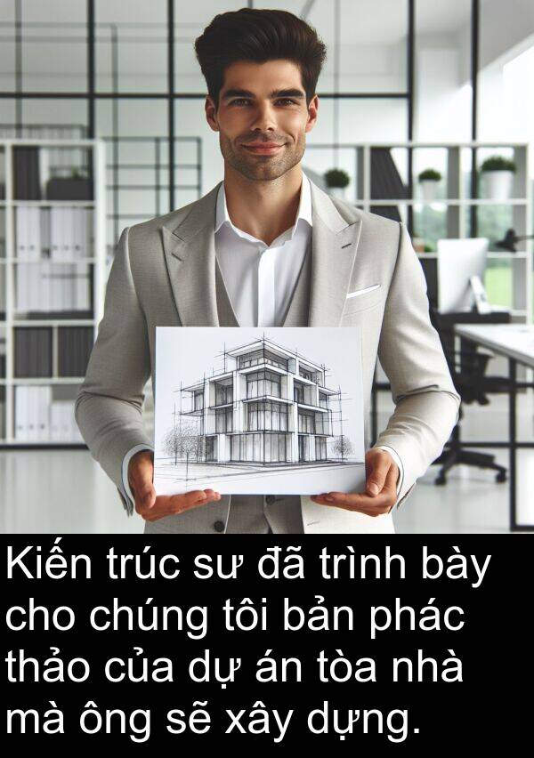 bày: Kiến trúc sư đã trình bày cho chúng tôi bản phác thảo của dự án tòa nhà mà ông sẽ xây dựng.