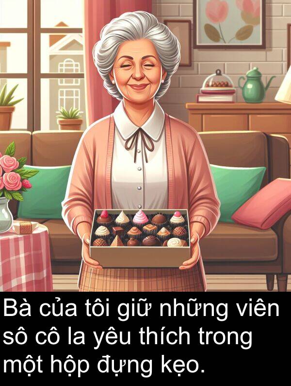 đựng: Bà của tôi giữ những viên sô cô la yêu thích trong một hộp đựng kẹo.