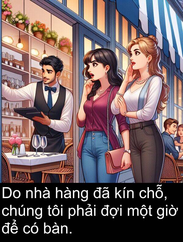 giờ: Do nhà hàng đã kín chỗ, chúng tôi phải đợi một giờ để có bàn.