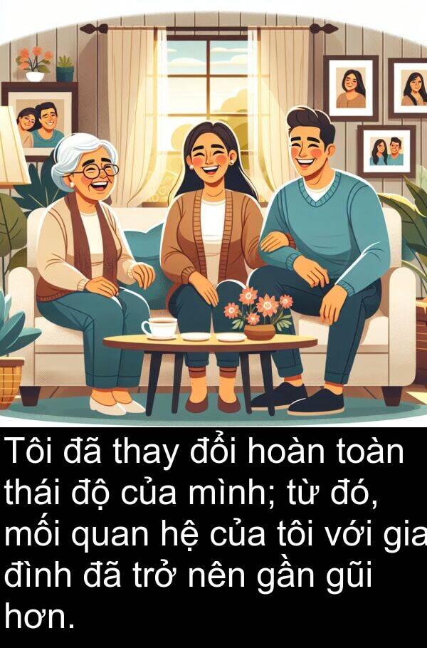 mối: Tôi đã thay đổi hoàn toàn thái độ của mình; từ đó, mối quan hệ của tôi với gia đình đã trở nên gần gũi hơn.