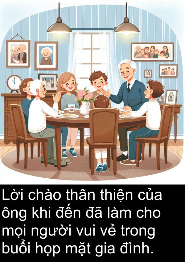 chào: Lời chào thân thiện của ông khi đến đã làm cho mọi người vui vẻ trong buổi họp mặt gia đình.