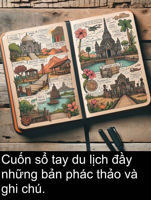 thảo: Cuốn sổ tay du lịch đầy những bản phác thảo và ghi chú.