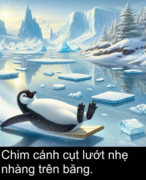 cụt: Chim cánh cụt lướt nhẹ nhàng trên băng.