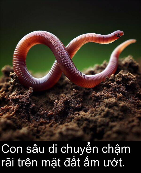 đất: Con sâu di chuyển chậm rãi trên mặt đất ẩm ướt.
