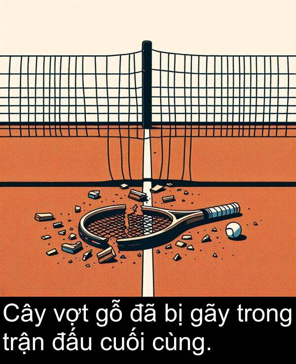 gãy: Cây vợt gỗ đã bị gãy trong trận đấu cuối cùng.