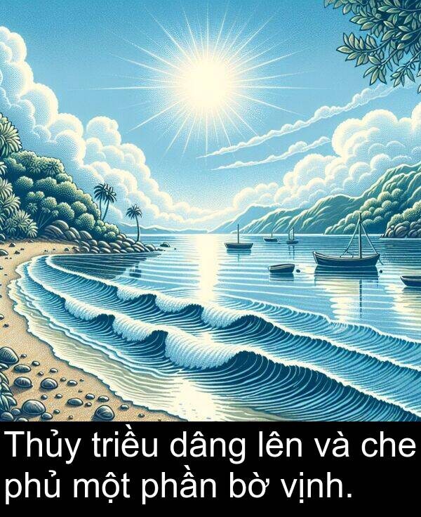 triều: Thủy triều dâng lên và che phủ một phần bờ vịnh.