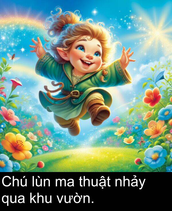 thuật: Chú lùn ma thuật nhảy qua khu vườn.