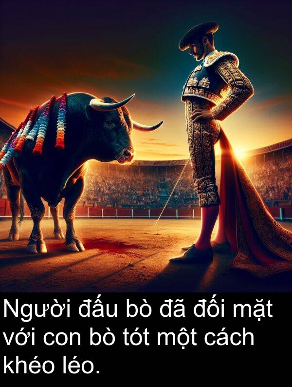 đối: Người đấu bò đã đối mặt với con bò tót một cách khéo léo.