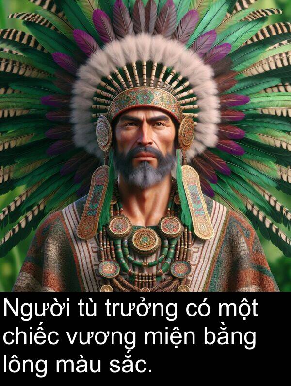 vương: Người tù trưởng có một chiếc vương miện bằng lông màu sắc.