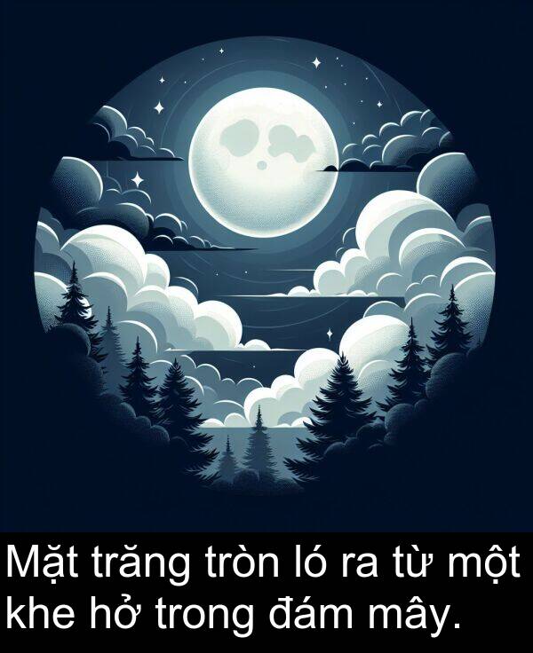 đám: Mặt trăng tròn ló ra từ một khe hở trong đám mây.