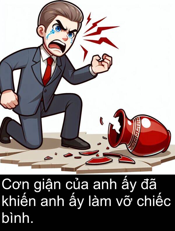 giận: Cơn giận của anh ấy đã khiến anh ấy làm vỡ chiếc bình.