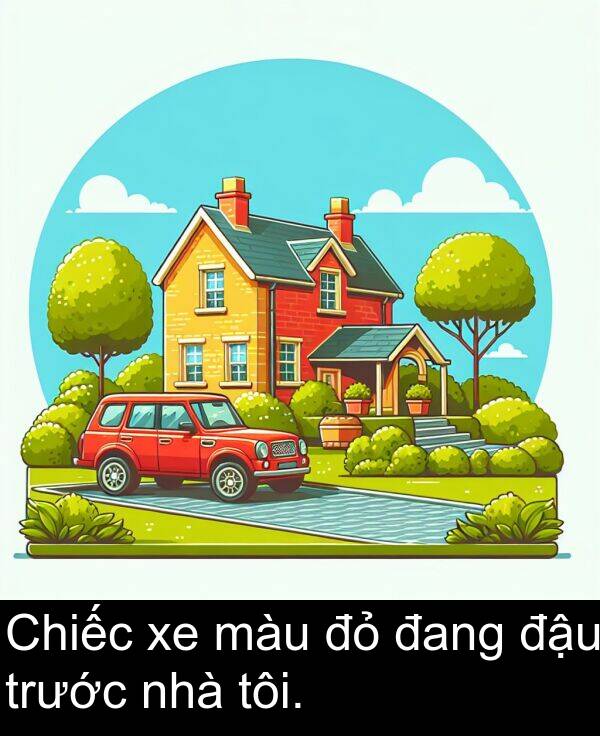 đang: Chiếc xe màu đỏ đang đậu trước nhà tôi.