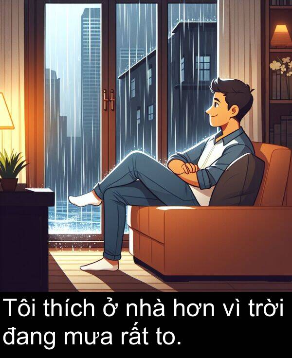 đang: Tôi thích ở nhà hơn vì trời đang mưa rất to.