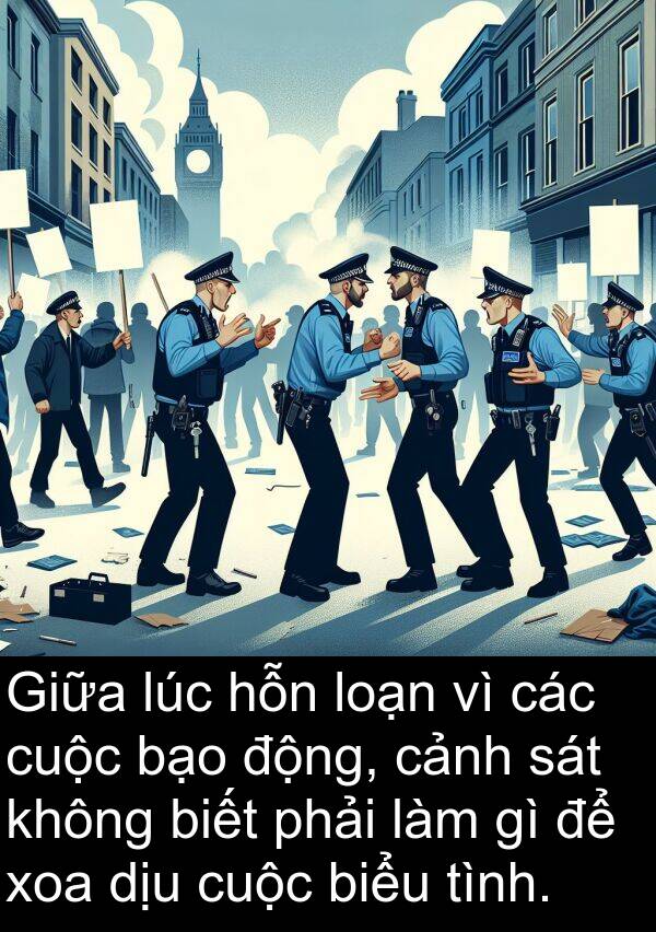 loạn: Giữa lúc hỗn loạn vì các cuộc bạo động, cảnh sát không biết phải làm gì để xoa dịu cuộc biểu tình.