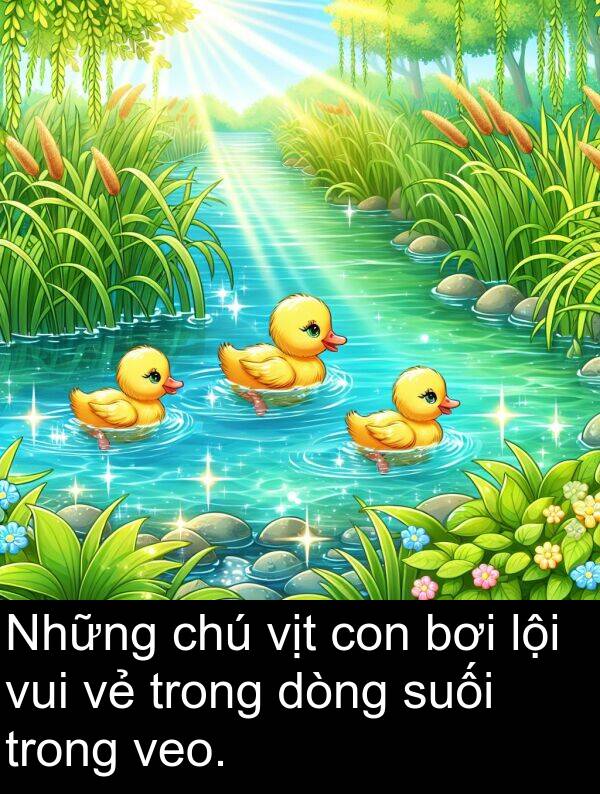 vịt: Những chú vịt con bơi lội vui vẻ trong dòng suối trong veo.