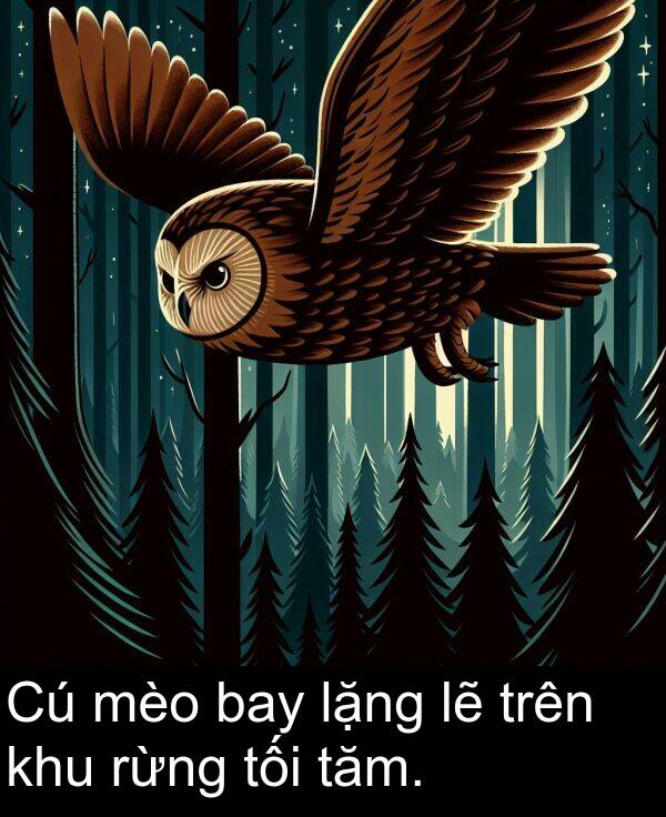 lặng: Cú mèo bay lặng lẽ trên khu rừng tối tăm.