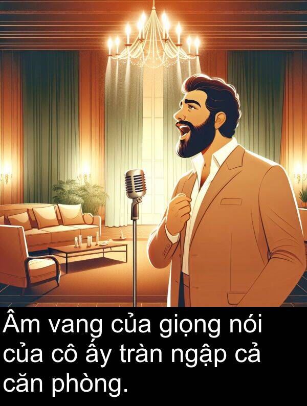 tràn: Âm vang của giọng nói của cô ấy tràn ngập cả căn phòng.