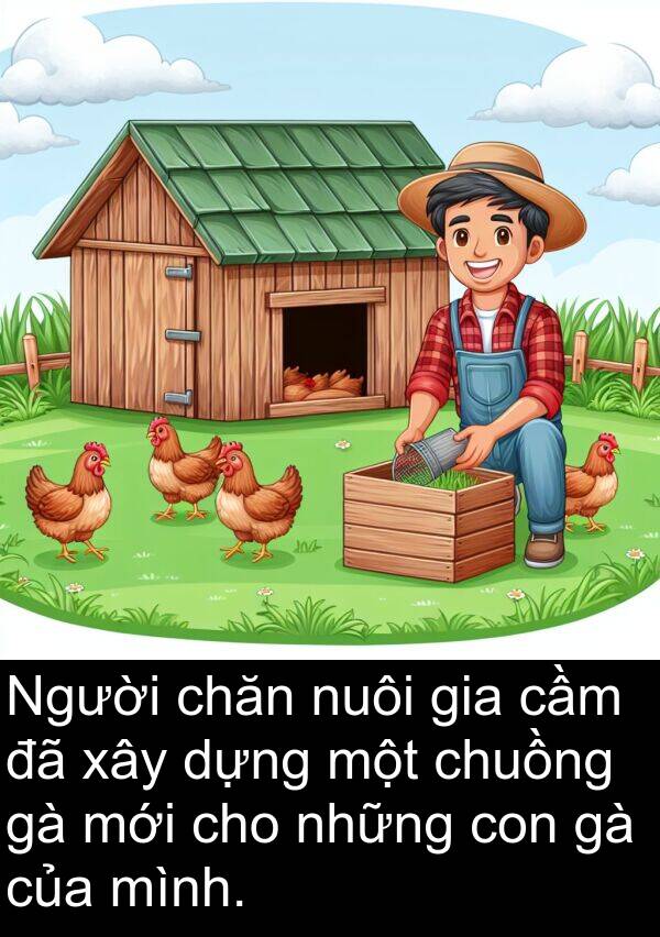 chăn: Người chăn nuôi gia cầm đã xây dựng một chuồng gà mới cho những con gà của mình.