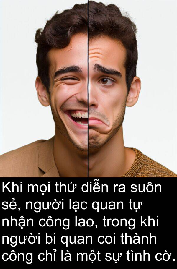 coi: Khi mọi thứ diễn ra suôn sẻ, người lạc quan tự nhận công lao, trong khi người bi quan coi thành công chỉ là một sự tình cờ.