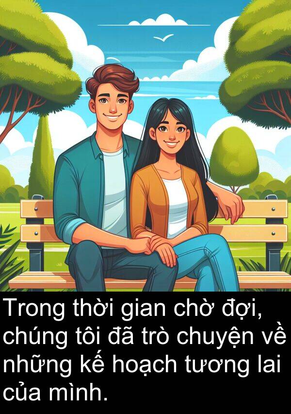 đợi: Trong thời gian chờ đợi, chúng tôi đã trò chuyện về những kế hoạch tương lai của mình.
