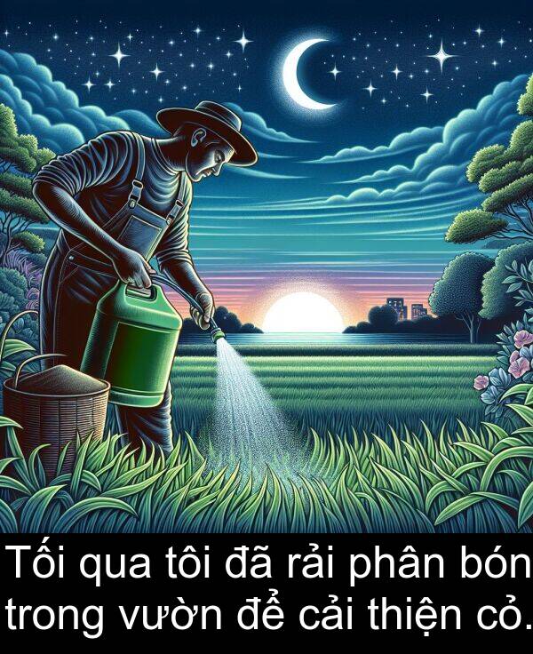 cải: Tối qua tôi đã rải phân bón trong vườn để cải thiện cỏ.